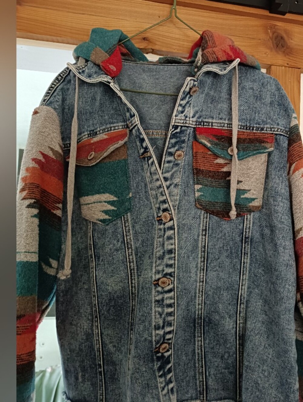 Denim Hooded Jacket with Aztec Trim - Blue/Teal
